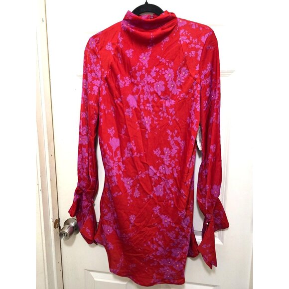 NWT Free People Red & Purple Floral Long-Sleeve Fair Cottagecore Mini Dress Open - Picture 2 of 8